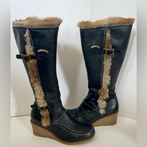 SAUTE-MOUTON black Leather Fur accents wedge Winter‎ Boots Size 7